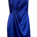 Alex Evenings  Satin One Shoulder Midi Sheath Cocktail Party Dress Blue Size 14 Photo 0