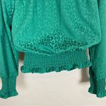 Blouse Green Leopard Print Tie Neck Ruched Elastic Waist Long Sleeves XXS Bright Photo 6