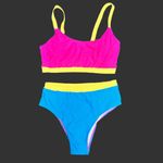 NWT Neon color block, high waisted 2 pc swim suit, small Pink Photo 1