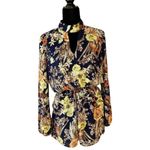 Lucca Couture Lucca Womens Romper Sz M Navy Blue Yellow Orange Floral Print Shorts Long Sleeve Photo 2