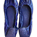 Tory Burch Women’s 7.5 Eddie Embossed Snake Print Flats Royal Blue Slip On Photo 0