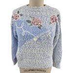80s Vtg Needles & Yarn Grandma Acrylic Sweater Blue Rose Applique/Pearl 3D M Size M Photo 0