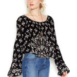 Free People Cropped Top Washed Black Dazed Print Size Small Jersey Long Sleeve Photo 0