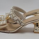 Beaded Rhinestone Bow Knot Kitten Heels Slide Mules Sandal Gold Size EU 40, US 9 Photo 12