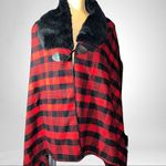 Red and black plaid wrap with faux fur collar! Nwot Black Photo 0