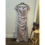 La Femme  Champagne Beaded Off Shoulder Ruched Satin Mermaid Gown Dress 6 = S Photo 5