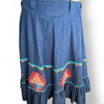 Vintage Handmade Southwest Denim Skirt Tiered Ruffle Hem Abstract Art Appliqué Blue Size L Photo 1