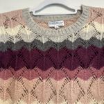 Northstyle women’s Sz: S Striped Open Knit Bell Sleeve Crew Neck Sweater. Pink Photo 8