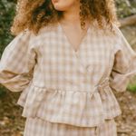 Soft Haus Garden Party Wrap Top Blouse Linen Cotton Natural Plaid Tan Size XS Photo 0