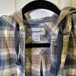 Carhartt Relaxed Fit Flannel Hooded Plaid Shirt Size Medium Blue Tan Button Down Photo 3