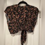 American Eagle  Size S Black Floral Cap Sleeve Front Tie Smocked Waist Crop Top Photo 8