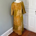 Vintage Waltah Clarkes Honolulu Elegant Floral Mustard Dress Large Hawaii Gold Photo 2