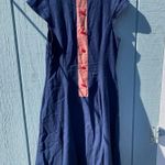Dark blue A line linen dress with red detail; made by San Francisco designer Size M Photo 2
