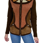 Vintage 70’s Rochelle California Brown Patchwork Leather Hippie Sweater Cardigan Size L Photo 0