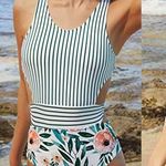 Cupshe Miss You Poppy One Piece Swimsuit Floral Stripe Size Large Photo 0