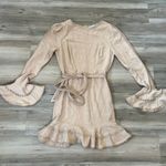 Saints + Secrets Hello Molly Short Linen Dress, bell sleeves, crochet detail, pit to pit is 17, waist is 14, length is 33 Tan Size M Photo 4