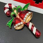 Vintage Happy Holidays Christmas Present Gift Earrings & Candy Cane Brooch Set Photo 2