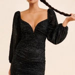 ASTR ‎  Black Low Cut Long Sleeve Mini Dress Fringe Shiny Metallic Ruched Small Photo 0