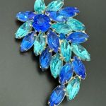Vintage Unsigned Cobalt Blue & Teal Navette Marquis Rhinestone Leaf Brooch 20g. Photo 2