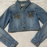 Judy Blue  Cropped Jean jacket Womens Large L Denim Biker  Embroidered Pockets Photo 0