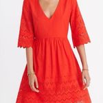 Madewell Eyelet Lattice V-neck 1/2 Bell Sleeve Mini Dress Bright Poppy size 4 Photo 0