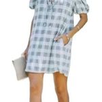 VICI  cotton ruffle mini dress. Cream and gray plaid. Puff sleeves. Size medium Photo 0