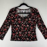 Arizona Jeans Arizona Jean Co. Black Floral Print Button Down Blouse Size Medium Ruffle Hem Photo 0