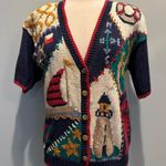 Ashley Vintage hand knit sailboat nautical sweater cardigan size Medium Red Photo 0