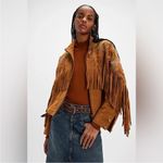 Free People  Willa Western Bomber Tan Leather Jacket with Fringe Embroidery Photo 2