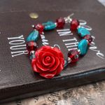 Red Rose Statement Beaded Bracelet – Boho Indie Cottagecore Blue Glass Beads Photo 5
