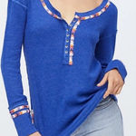 Free People  We The Free Blue Thermal Rainbow Trim Button Henley L Embroidered‎ Photo 0