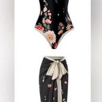 NWT Black Floral Print Swimsuit Set With Adjustable Ties & Reversible XL Photo 0