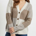 J. Jill Patchwork Cable Knit Cardigan Womens XS Neutral Brown Cozy Cottagecore Photo 0