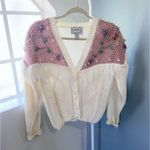 Vintage Cream with Pink Purple Floral Knit Sweater Cardigan Fringe Size L Photo 6