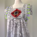 White & Black Tasseled Square Neck Short Sleeve Blouse Made in Thailand Size XS Photo 3