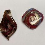 Handmade Lot Of 2 Costume Pendants / Charms Blown Art Glass Mix Red / Gold Swirls Photo 1