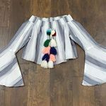 Anthropologie Lilka White/Blue Striped Pom-Pom Bell Sleeve Cropped Top Photo 2