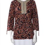 Tory Burch  S Top Stretch Low V Cut‎ Silk Blend  Easywear Navy Brown Blouse Tunic Photo 1