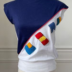 Vintage 70s Nautical Flag Boat Neck Sleeveless Top XS Blue Photo 0