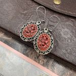 Floral Dangle Earrings 1970s Vintage Boho Silver Tone Red Photo 1
