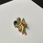 Avon Lapel Tack Pin Gold Tone Angel Cherub Green Rhinestone NWOT Photo 2