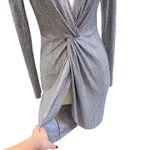 Long Sleeve Plunge V Neckline Metallic Shimmer Mini Dress Silver Size M Photo 8
