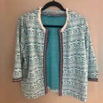 Valerie Stevens  Teal and White Patterned Open Cardigan Sz L Photo 0