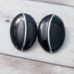 Vintage Stud Earrings For Pierced Ears Black & Silver Tone Statement Oval Retro Photo 2