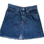 Madewell  size 25 blue medium wash frayed raw hem A-line “rigid denim” mini skirt Photo 0