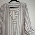 Antibes Blanc Linen Tunic Top Womens 2X Beige White Striped Roll Tab Sleeve Tan Size XXL Photo 3