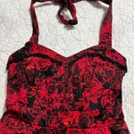 Hot Topic  MED red & black floral swing halter dress scalloped bust trim pin up Photo 7