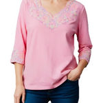 Quacker Factory  Pink Floral Embroidered Rhinestone 3/4 Sleeve Knit Top MEDIUM Photo 0