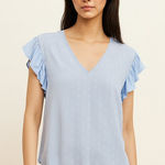 CeCe  NEW Light Blue Ruffle Sleeve V Neck Blouse Feminine Chic Cottage Top Size S Photo 0
