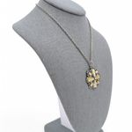 1928 Necklace Pale Yellow MOP Rhinestone Clover Pendant Photo 4